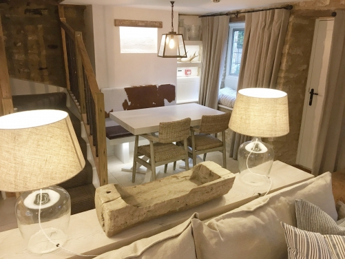 leather and cowhide bench seating.